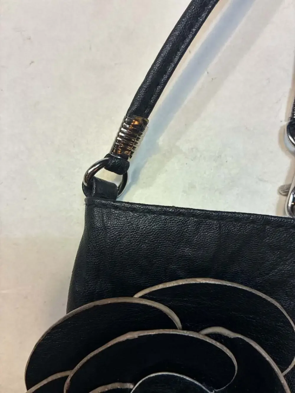 Black Leather Camellia Flower Applique Crossbody Mobile Phone Purse Bag